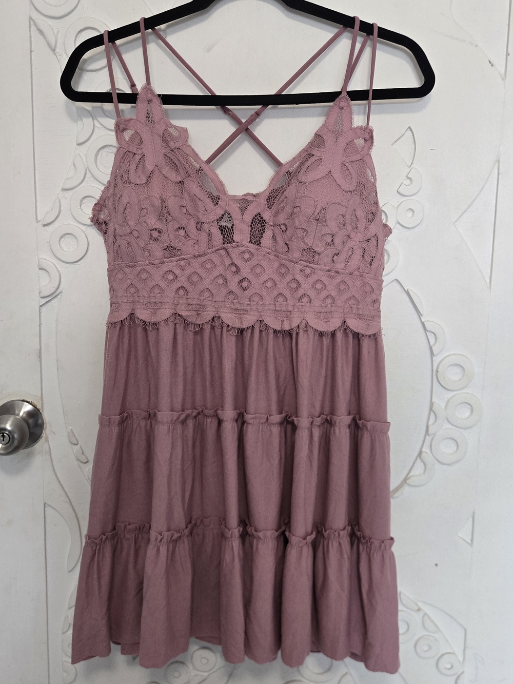 Zenana Outfitters Dusty Pink Lace Tiered Mini Dress